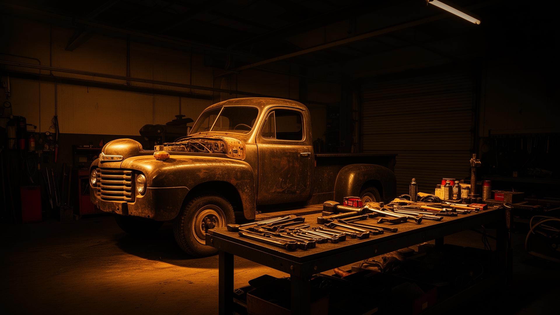 Vintage truck being restored in an industrial garage